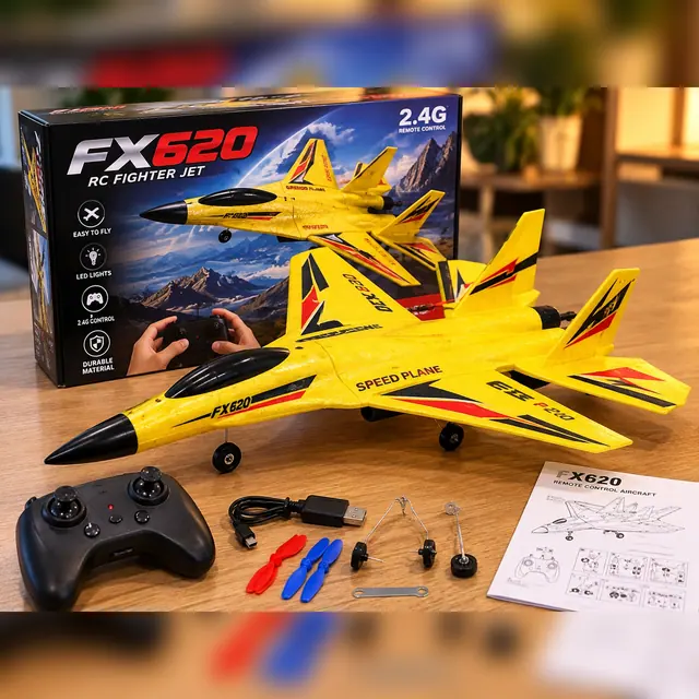 Imagen ilustrativa: avión teledirigido amarillo con mando, cable USB, hélices y hoja de instrucciones